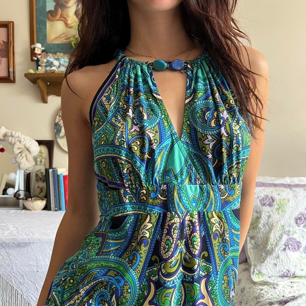Vintage Cache Blue and Green Paisley Tank Top with beaded Key Hole size medium - Picture 2 of 5